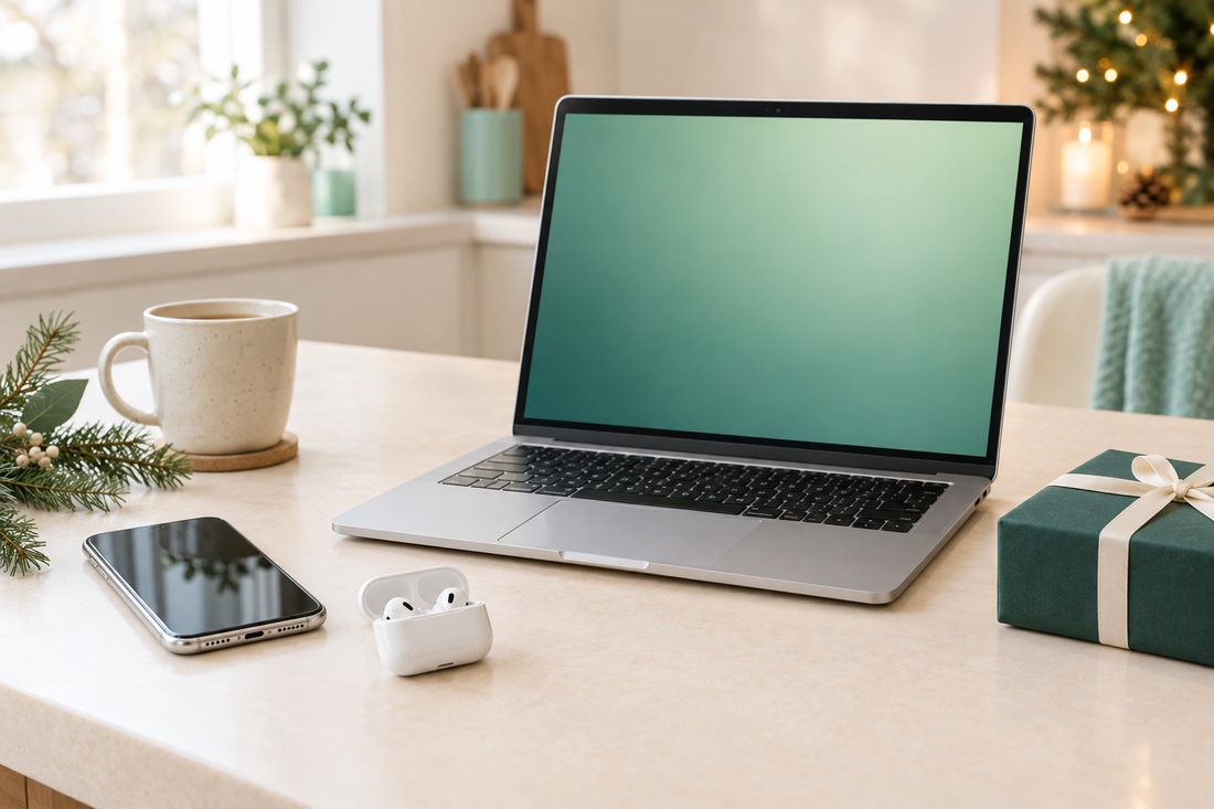 An iPhone, AirPods and a MacBook laid out on a cream kitchen counter beside a small wrapped gift box, ready for Black Friday shopping