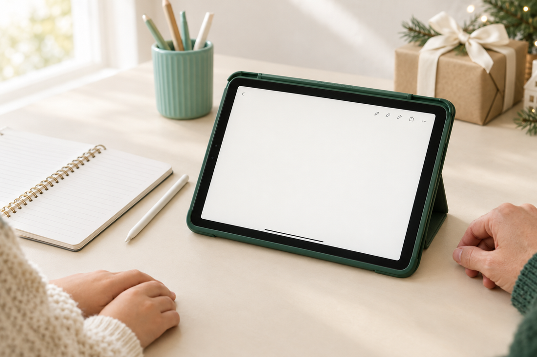 An iPad in a sturdy case on a tidy desk beside a notebook, pencil and a small wrapped gift, ready for a student or child to use