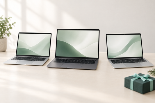 Three slim silver and gray laptops standing side by side on a cream desk, ready to compare for a Black Friday purchase