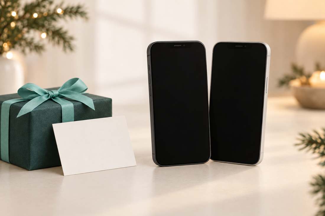 Two like-new smartphones side by side on a cream desk beside a wrapped gift box, comparing a Black Friday gift card deal with a certified pre-owned phone