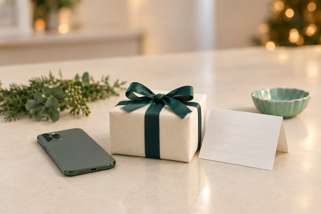A wrapped gift box beside a smartphone and a folded gift receipt on a cream kitchen counter in soft evening light