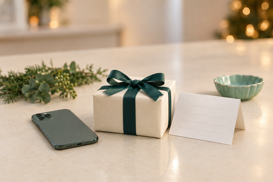 A wrapped gift box beside a smartphone and a folded gift receipt on a cream kitchen counter in soft evening light