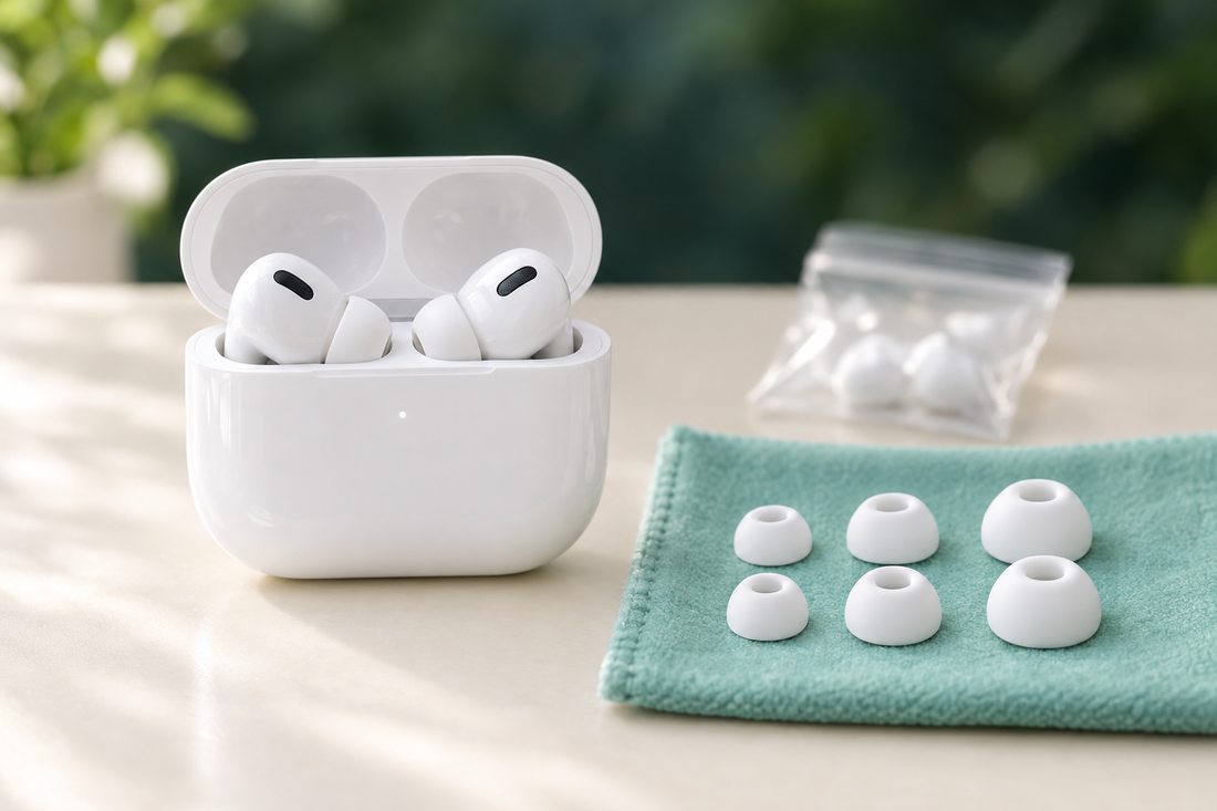 A clean pair of white wireless earbuds in an open charging case beside fresh spare ear tips on a cream surface