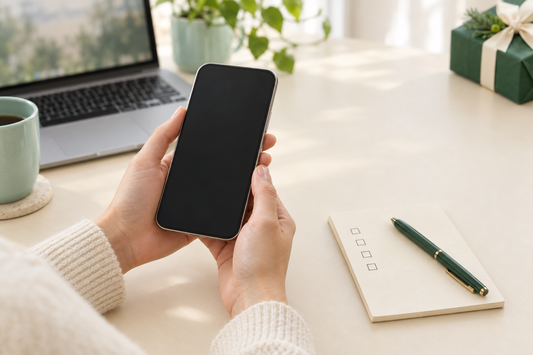 Hands comparing a pre-owned smartphone against a handwritten checklist on a clean desk, with a laptop and a small wrapped gift nearby