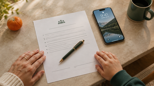 A printed family phone agreement on a kitchen table with a pen, a phone, and a parent's and child's hands