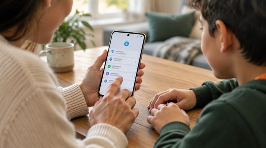 A parent holding a Samsung Galaxy phone open to a settings screen while a child watches