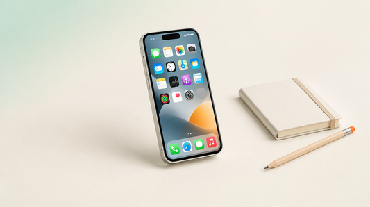 An iPhone showing a tidy home screen of apps, beside a small notebook and pencil