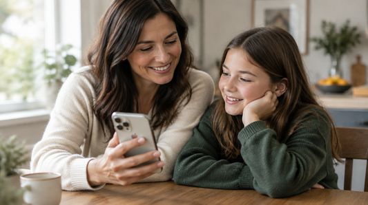 A parent and their child sitting at a kitchen table, looking together at a phone screen