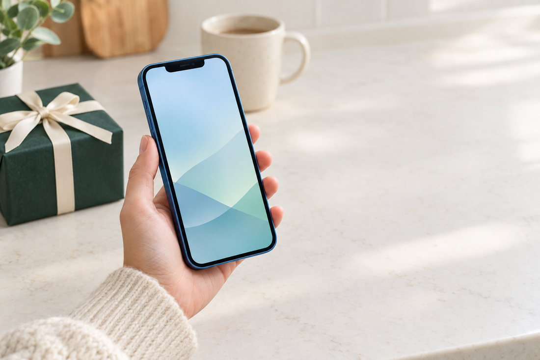 A hand holding an unlocked iPhone 13 beside a small wrapped gift box on a cream kitchen counter, ready for a Black Friday purchase