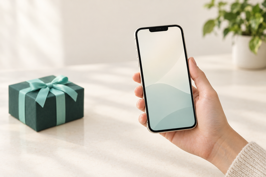A like-new iPhone 13 held in one hand beside a small wrapped gift box on a cream kitchen counter in soft evening light
