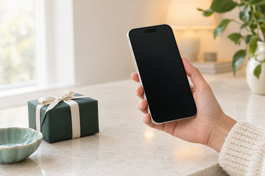 A hand holding a like-new iPhone 15 beside a small wrapped gift box on a cream kitchen counter in soft evening light