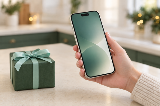 A hand holding a like-new iPhone 16 beside a wrapped gift box on a cream kitchen counter in warm evening light
