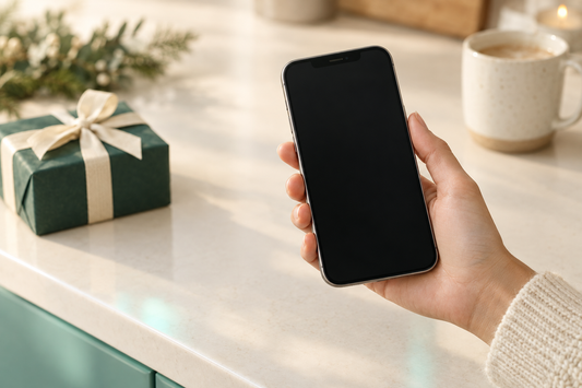 A hand holding a like-new smartphone beside a wrapped gift box on a cream kitchen counter in soft evening light