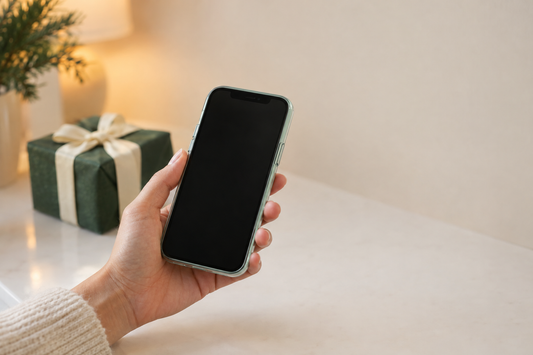 A hand holding a like-new iPhone beside a small wrapped gift box on a cream kitchen counter in soft evening light