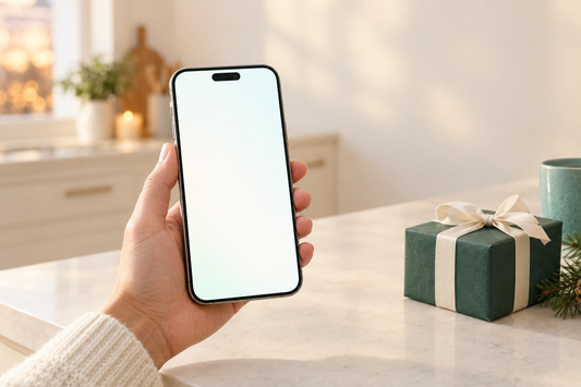 A hand holding a large-screen iPhone 15 Plus in like-new condition beside a small wrapped gift box on a warm cream kitchen counter
