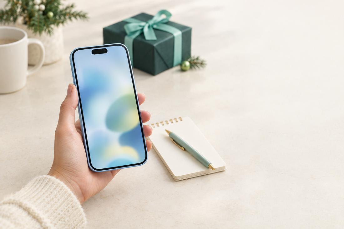 A hand holding a like-new iPhone 15 beside a small calendar page and a wrapped gift box on a cream kitchen counter