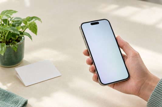 A hand holding a clean titanium iPhone 15 Pro on a cream kitchen counter, ready to check its battery health before buying refurbished