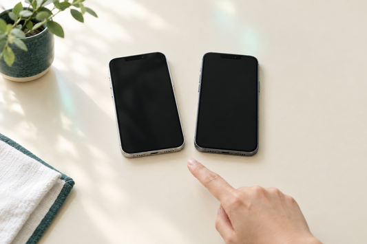 Two like-new iPhones lying side by side on a cream desk, ready to be compared before choosing a refurbished or certified pre-owned phone
