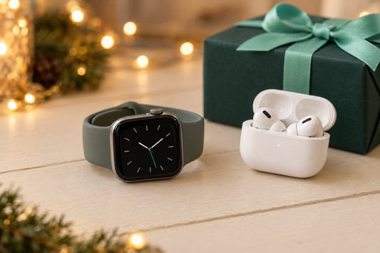 A smartwatch and a pair of wireless earbuds in their case next to a wrapped gift box, representing Black Friday shopping for both