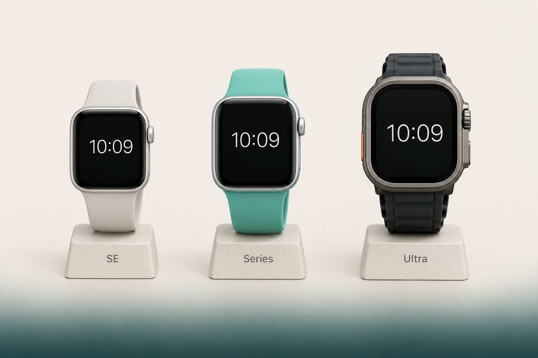 Three smartwatches of different sizes and styles side by side, comparing an entry-level, mid-range and rugged premium model
