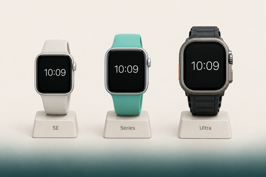 Three smartwatches of different sizes and styles side by side, comparing an entry-level, mid-range and rugged premium model