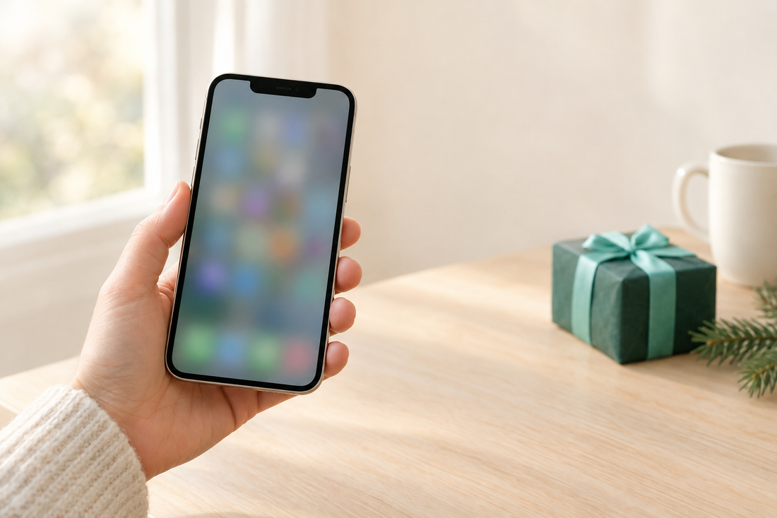 A hand holding a like-new iPhone 14 beside a small wrapped gift box on a warm cream kitchen counter