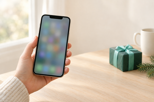 A hand holding a like-new iPhone 14 beside a small wrapped gift box on a warm cream kitchen counter