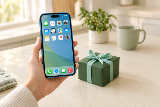 A hand holding an unlocked iPhone 15 beside a small wrapped gift box on a cream kitchen counter in soft evening light