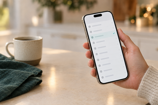 A hand holding an unlocked iPhone 15 Pro in natural titanium over a cream kitchen counter, checking the phone's settings screen before buying