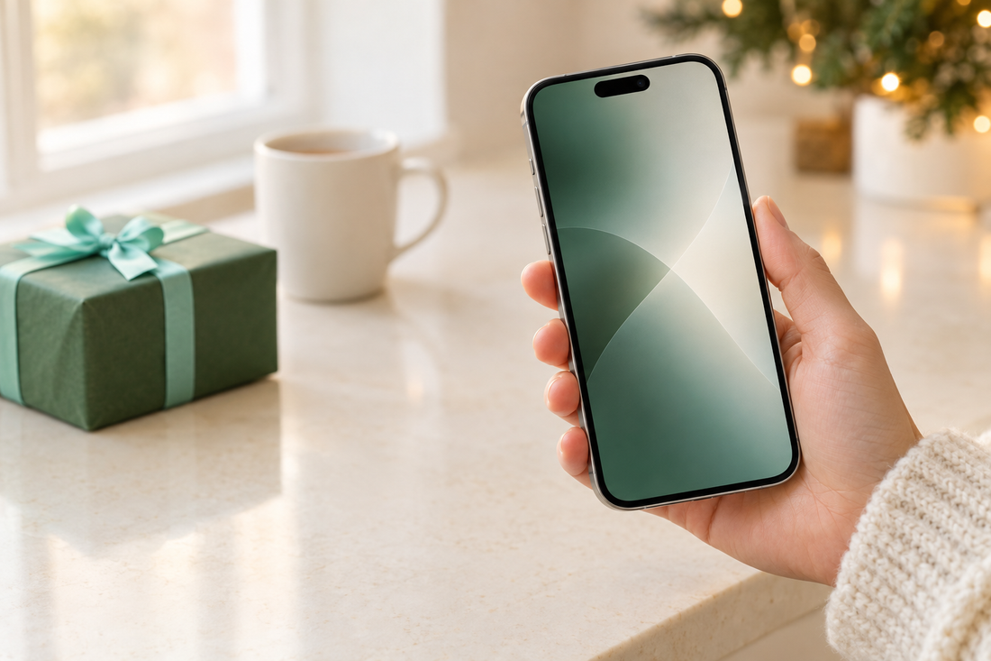 A hand holding a new unlocked iPhone 17 beside a small wrapped gift box on a cream kitchen counter during the holiday shopping season