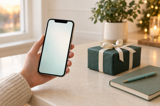 A hand holding an unlocked iPhone beside a small wrapped gift box on a cream kitchen counter, illustrating a Black Friday phone buying decision