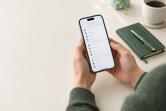 A shopper's hands holding a used iPhone 15 and checking it carefully at a table before buying