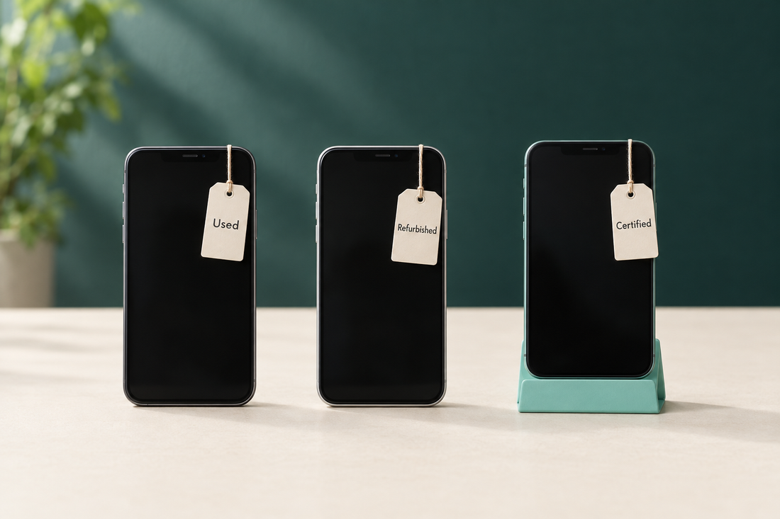 Three smartphones side by side on a cream surface, illustrating the difference between used, refurbished and certified phones