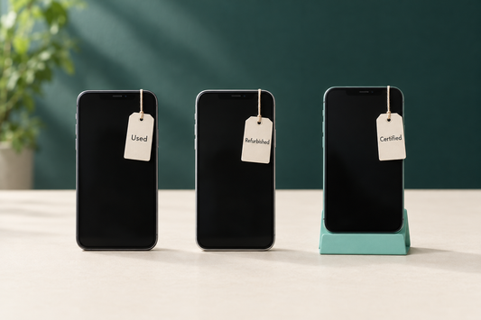 Three smartphones side by side on a cream surface, illustrating the difference between used, refurbished and certified phones
