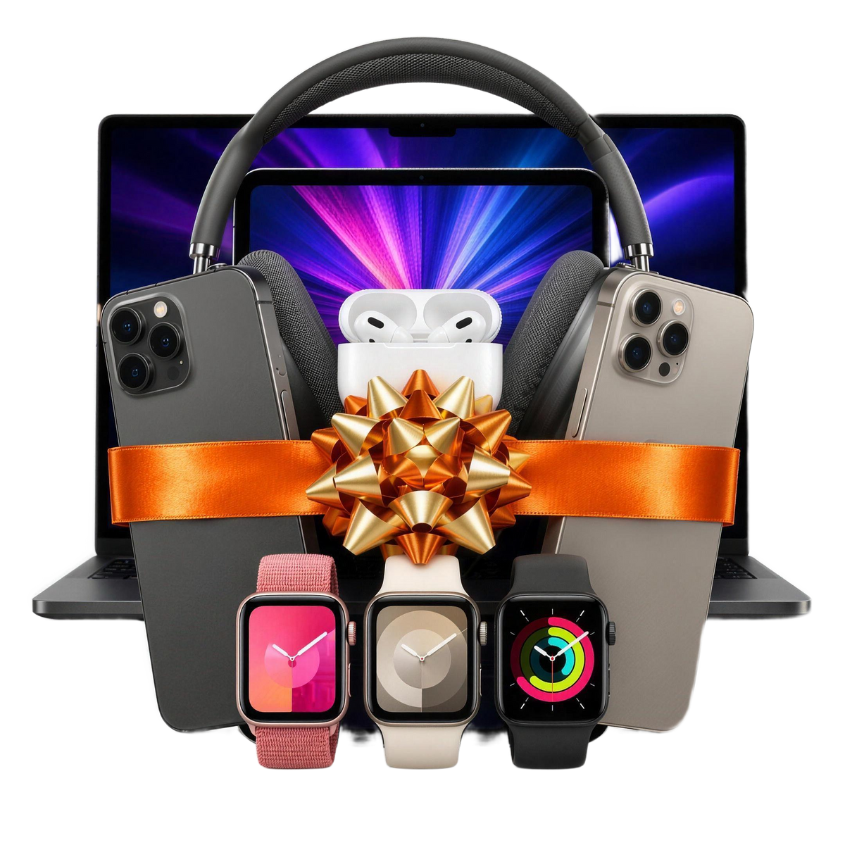 iPhones, MacBook, iPad, headphones, AirPods and Apple Watches tied together with an orange ribbon and a gold bow