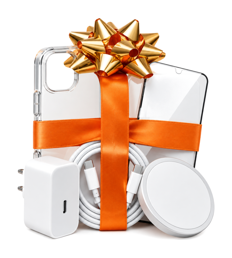 Phone case, screen protector, charger, cable and charging pad wrapped in an orange ribbon with a gold bow