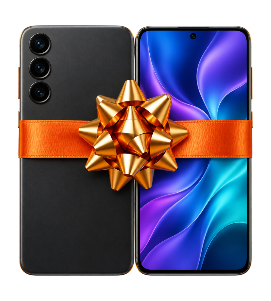 Two Android phones wrapped in an orange ribbon with a gold bow