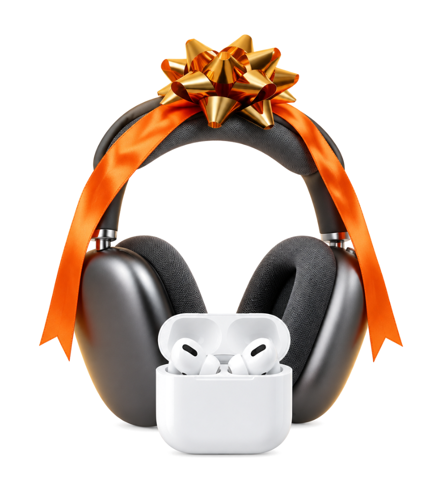 Headphones and earbuds wrapped in an orange ribbon with a gold bow