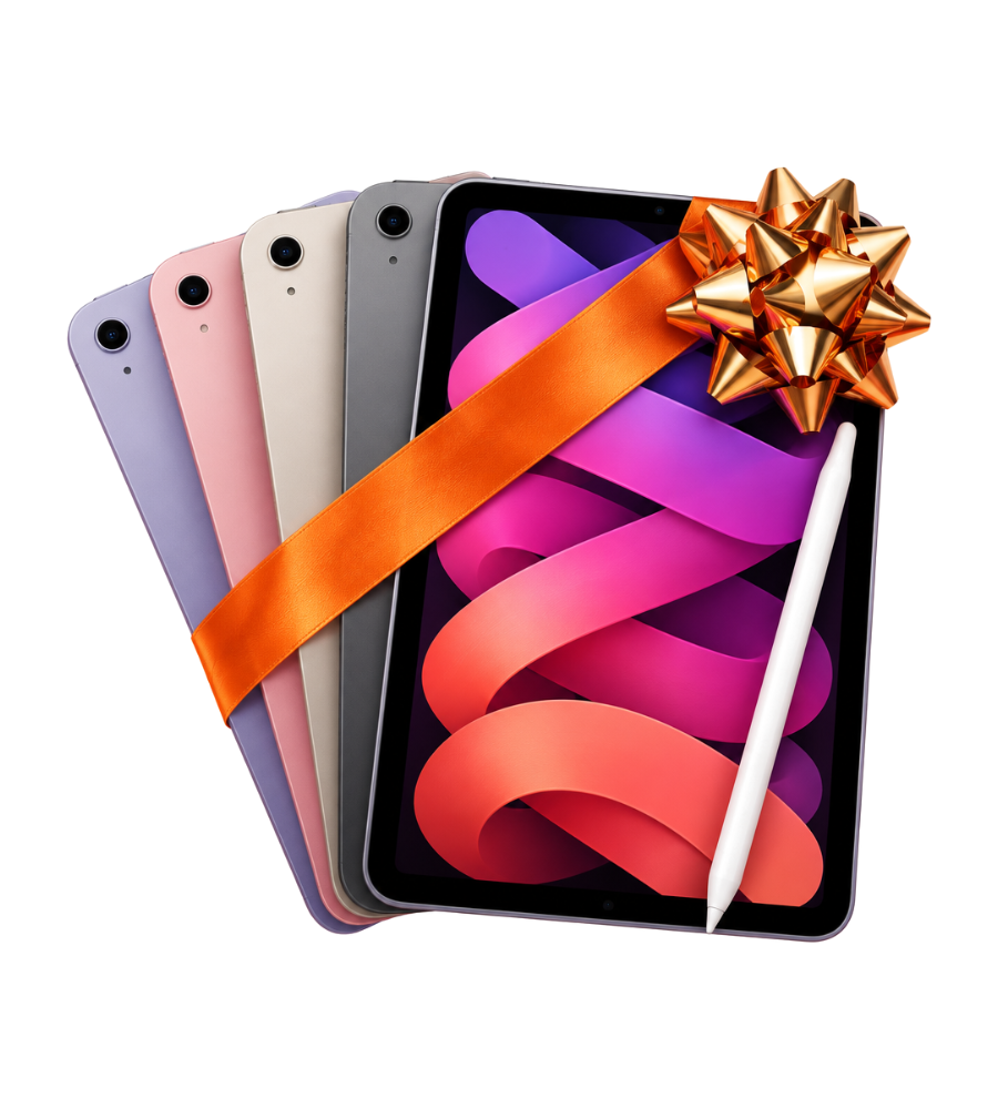 iPads in four colors wrapped in an orange ribbon with a gold bow