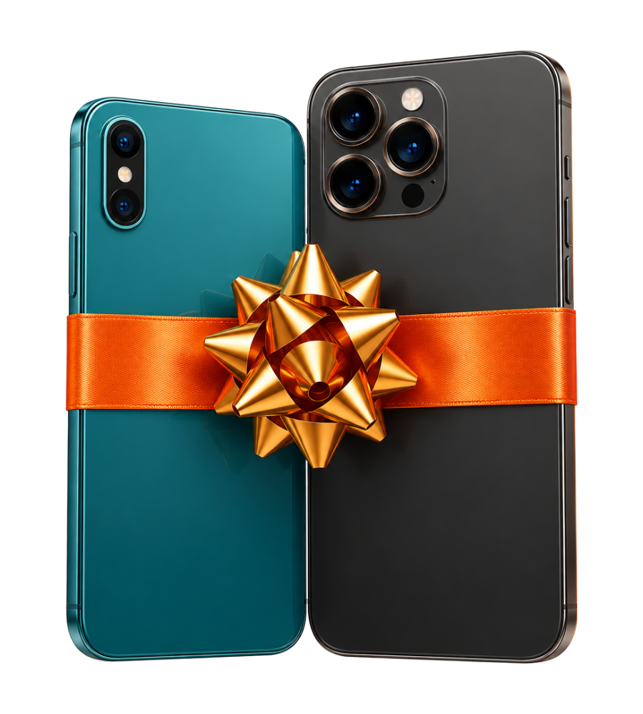 Two iPhones wrapped in an orange ribbon with a gold bow