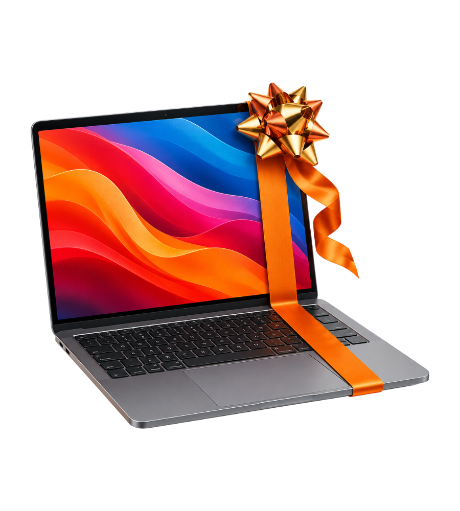 MacBook wrapped in an orange ribbon with a gold bow