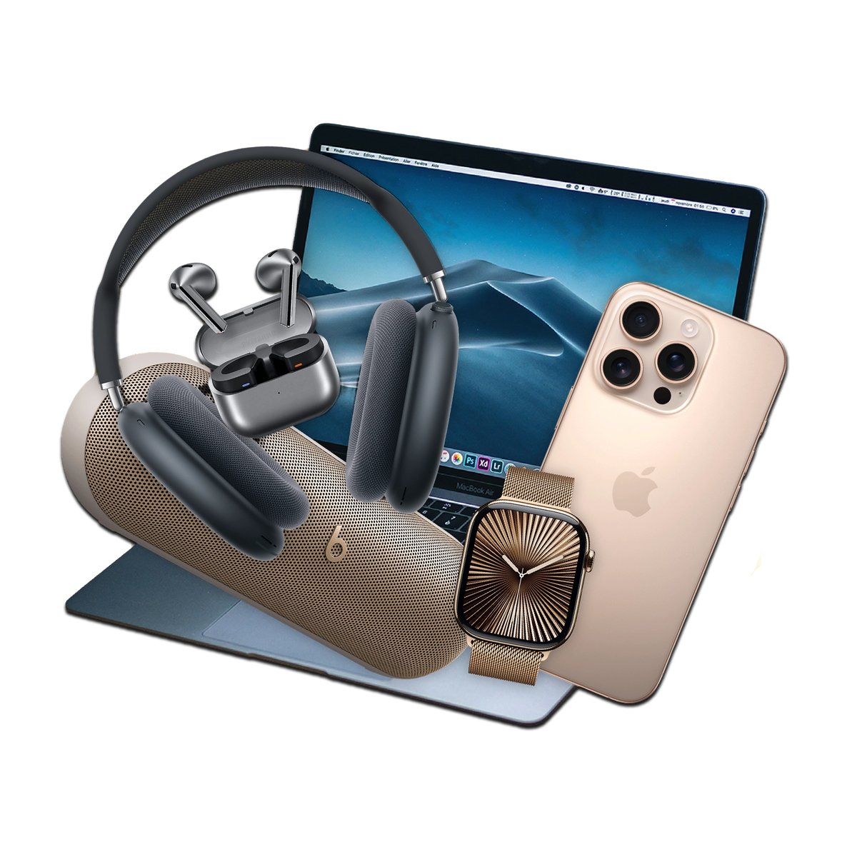 An assortment of phones, a laptop, headphones, and a watch