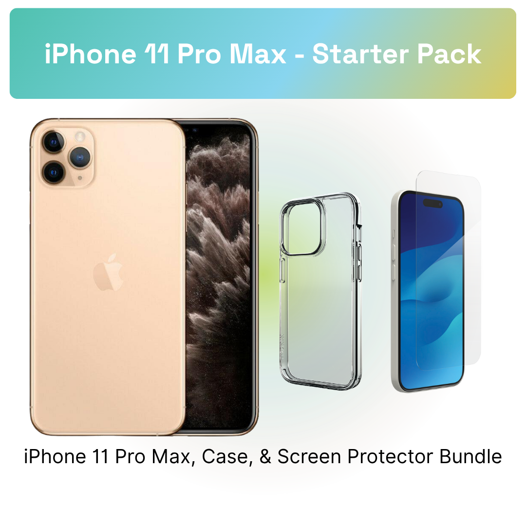 iPhone 11 Pro Max Starter Pack: iPhone 11 Pro Max, clear case, and screen protector