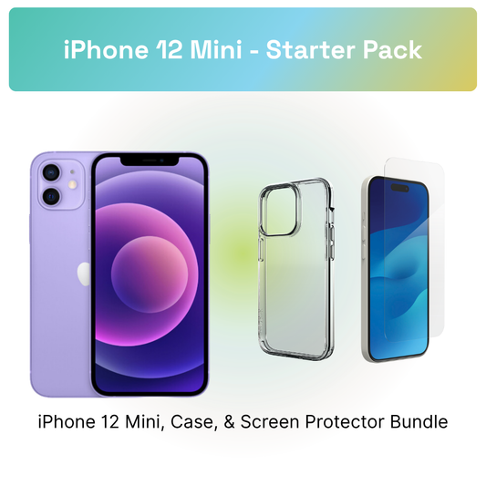 iPhone 12 Mini Starter Pack: iPhone 12 Mini, clear case, and screen protector