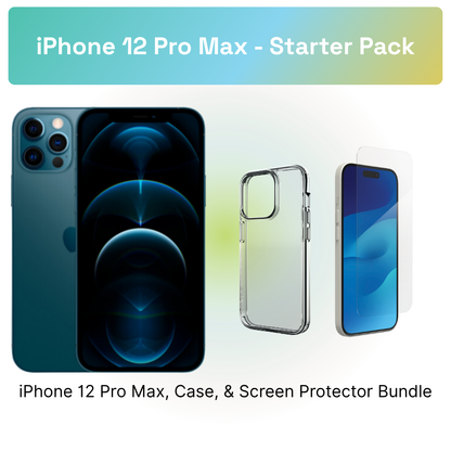 iPhone 12 Pro Max Starter Pack: iPhone 12 Pro Max, clear case, and screen protector