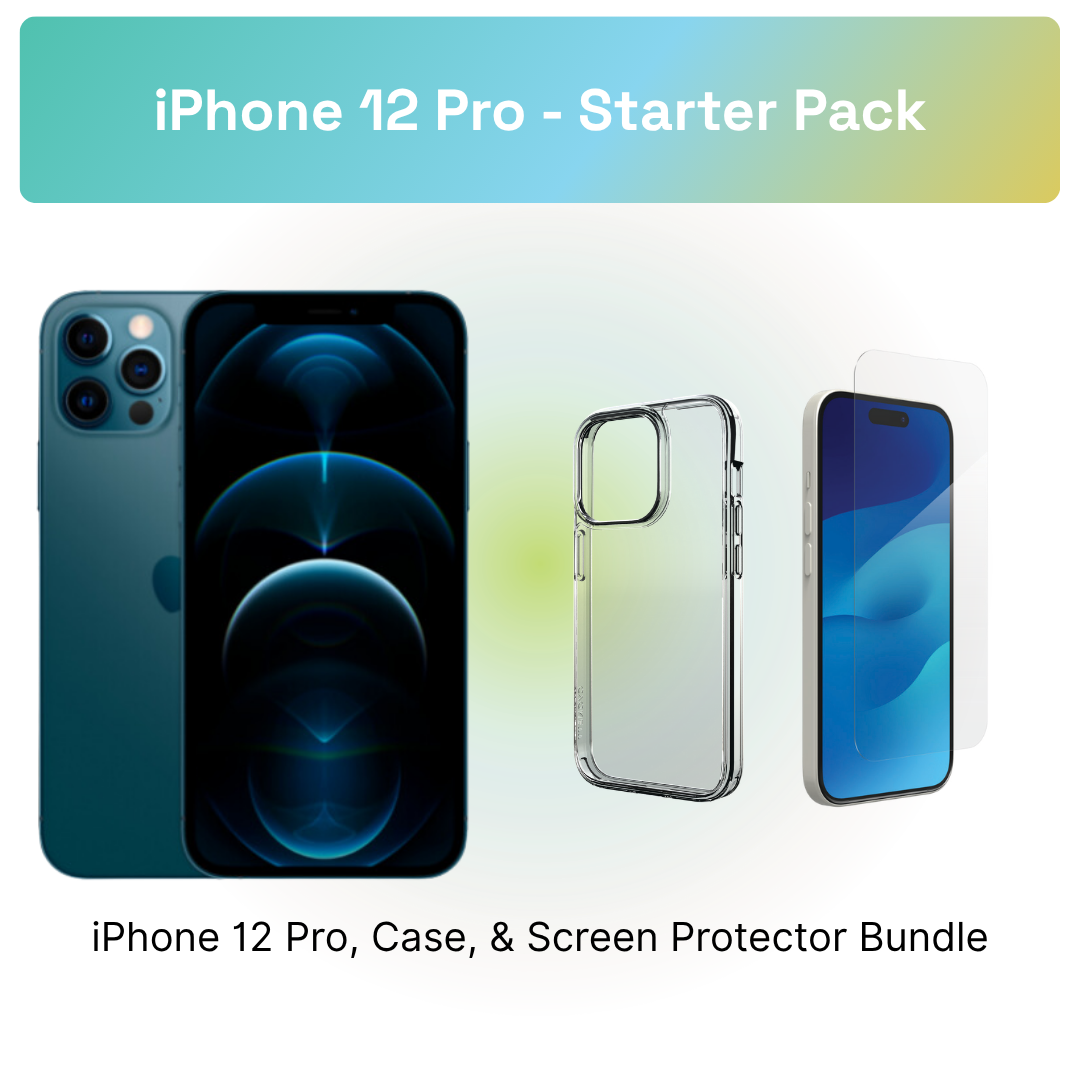iPhone 12 Pro Starter Pack: iPhone 12 Pro, clear case, and screen protector