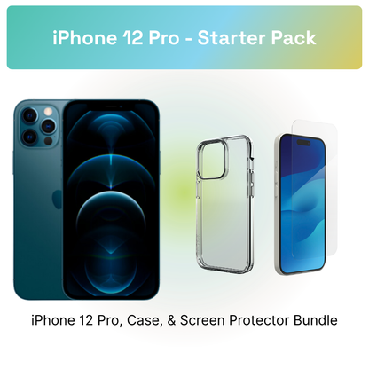 iPhone 12 Pro Starter Pack: iPhone 12 Pro, clear case, and screen protector