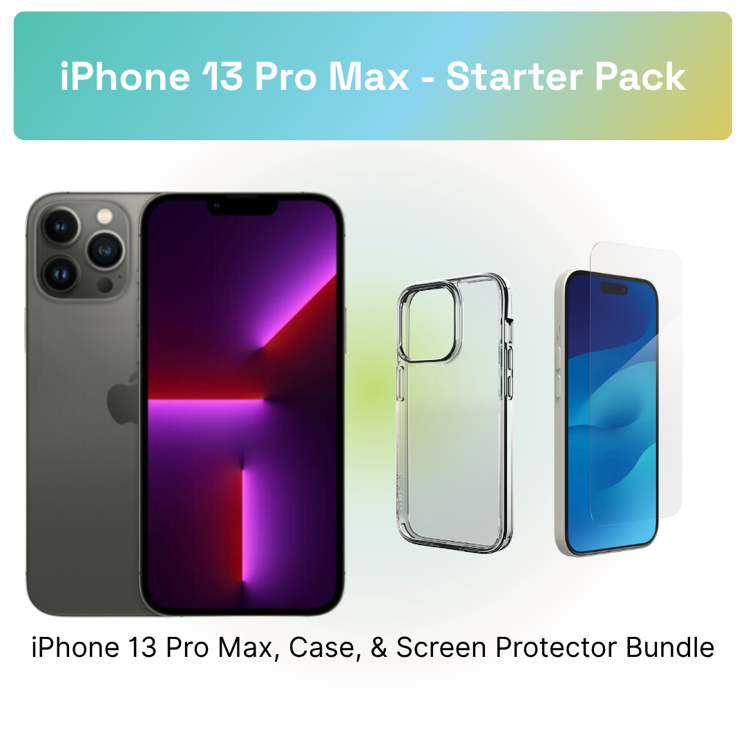 iPhone 13 Pro Max Starter Pack: iPhone 13 Pro Max, clear case, and screen protector