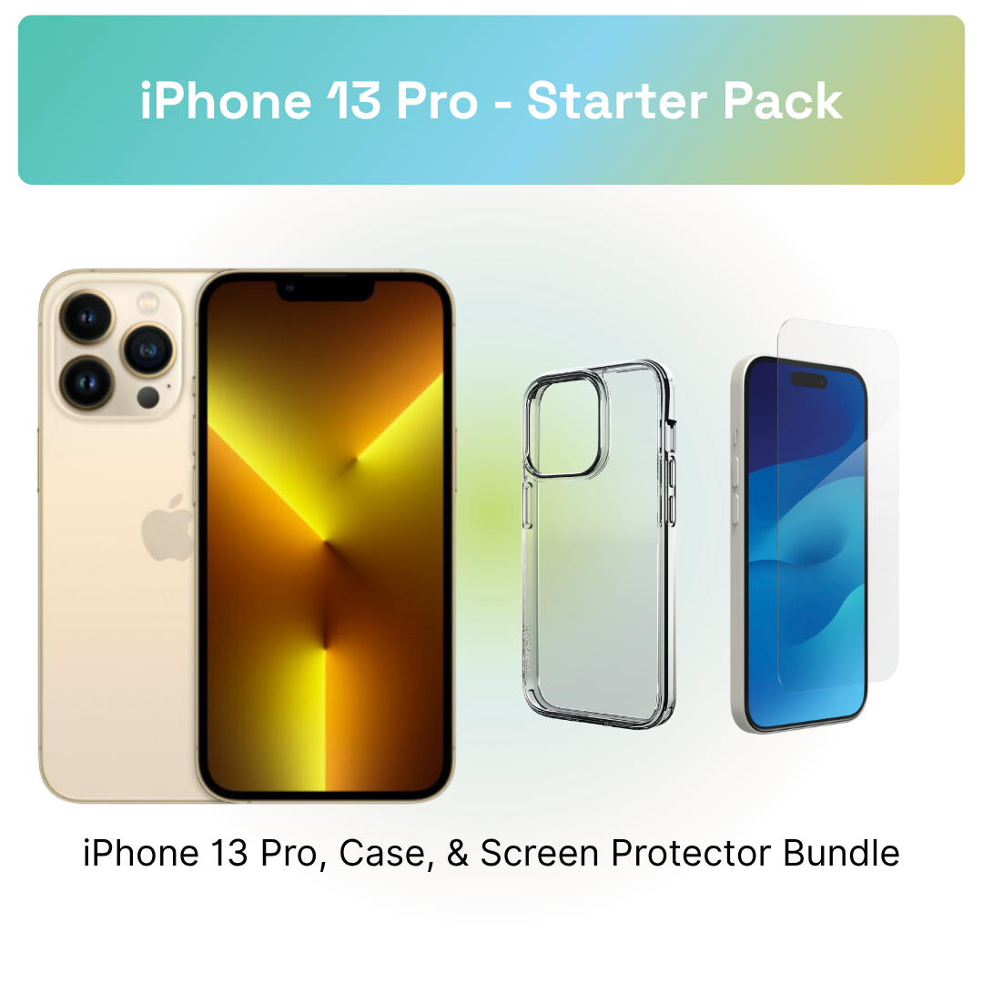 iPhone 13 Pro Starter Pack: iPhone 13 Pro, clear case, and screen protector