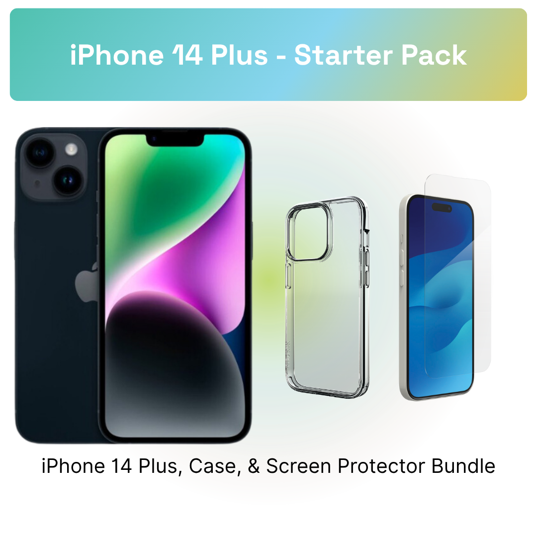 iPhone 14 Plus Starter Pack: iPhone 14 Plus, clear case, and screen protector